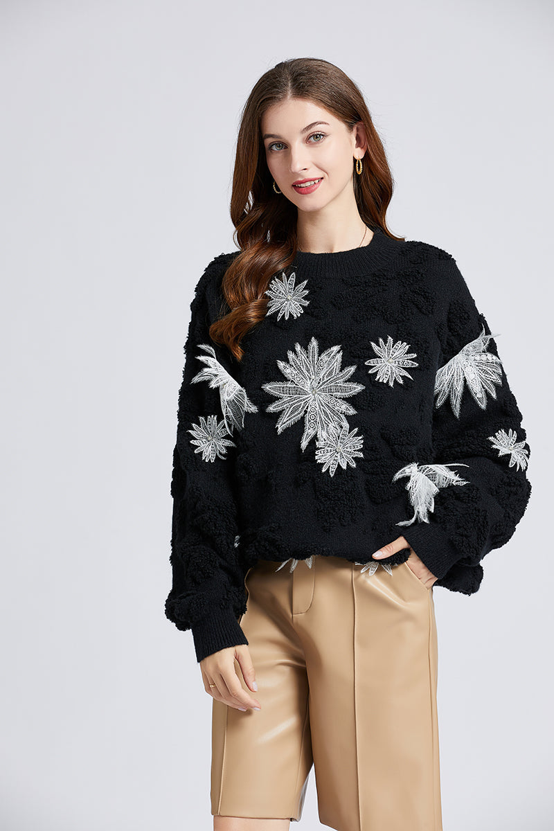 Women New Fall Winter Age Reduction Foreign Style Fried Street Snowflake Embroidery Beads Lazy Wind Sweater Snowflake Velvet Sweater One Size Black