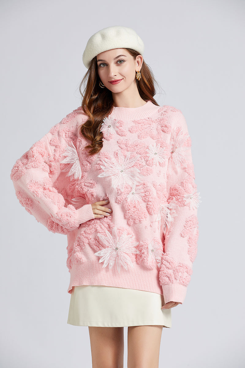 Women New Fall Winter Age Reduction Foreign Style Fried Street Snowflake Embroidery Beads Lazy Wind Sweater Snowflake Velvet Sweater One Size Pink