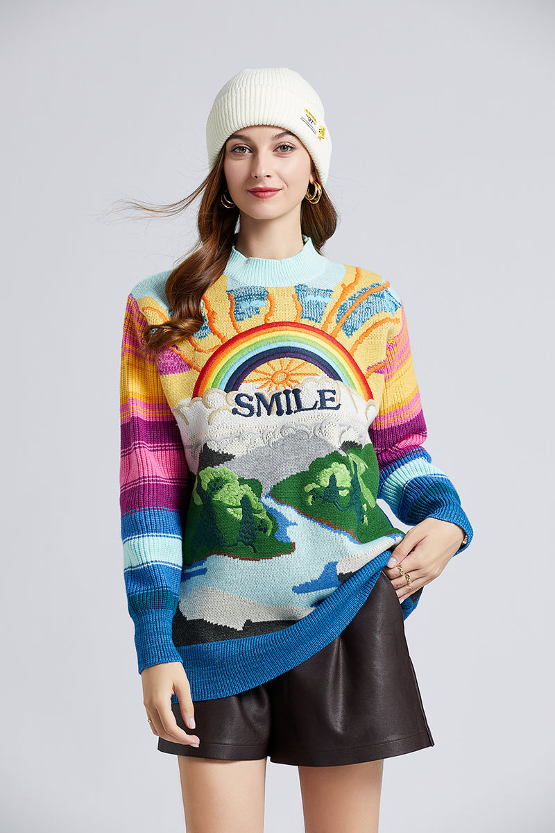 Women New Autumn And Winter Heavy Embroidery Rainbow Color Matching Rabbit Velvet Sweater Loose Thick Jacquard Top