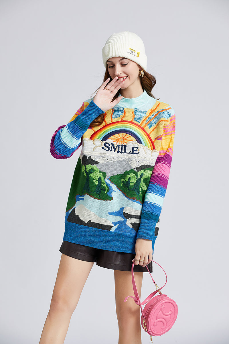 Women New Autumn And Winter Heavy Embroidery Rainbow Color Matching Rabbit Velvet Sweater Loose Thick Jacquard Top