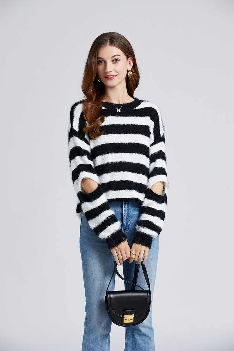 Women New Autumn And Winter Mink Hair Black And White Striped Nerve Niche Loose Hole Sweater Long Coat