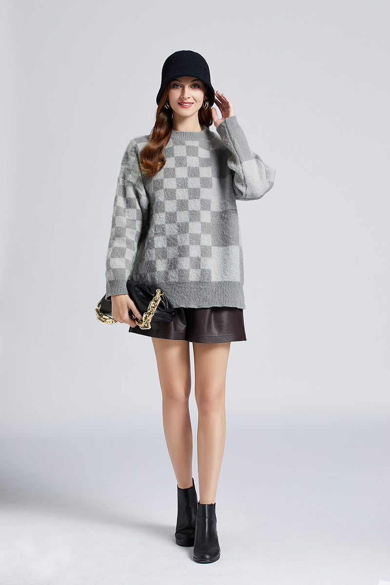 Women New Autumn And Winter Retro Irregular Checkerboard Loose Lazy Mohair Sweater