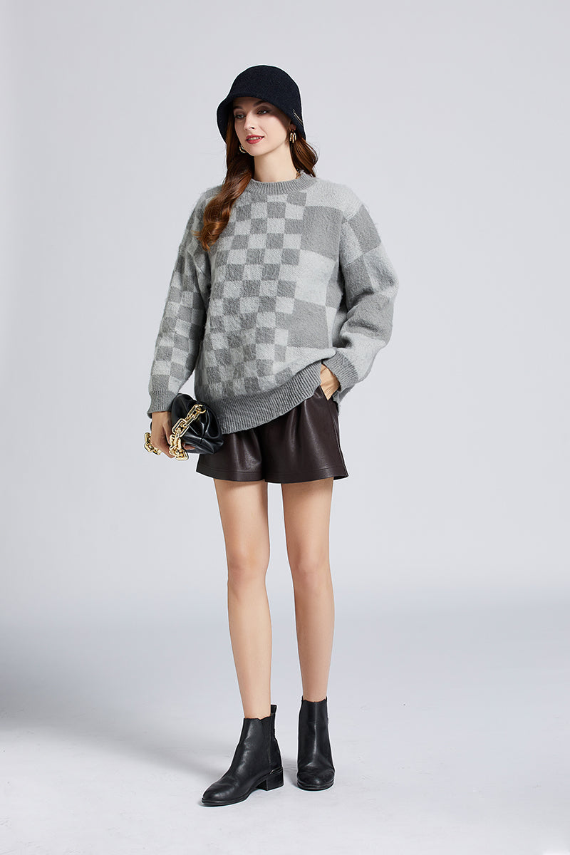 Women New Autumn And Winter Retro Irregular Checkerboard Loose Lazy Mohair Sweater