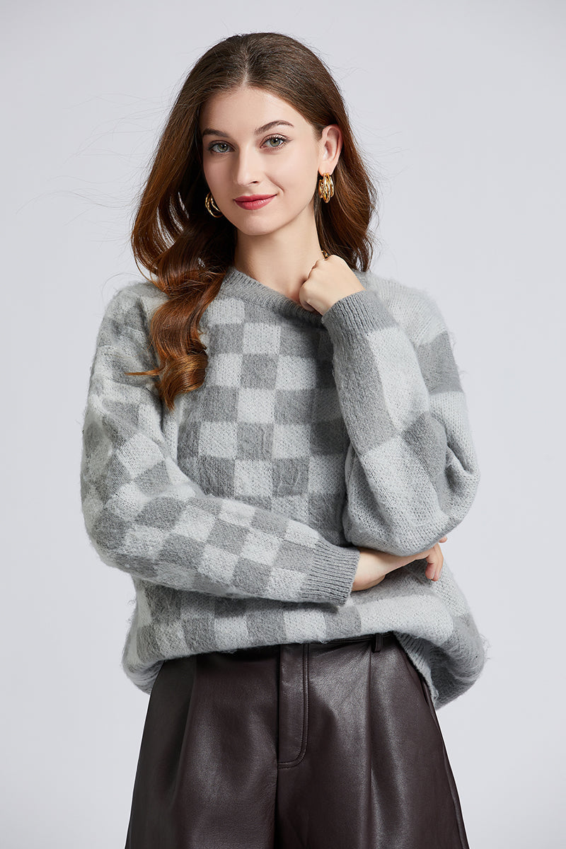 Women New Autumn And Winter Retro Irregular Checkerboard Loose Lazy Mohair Sweater One Size Gray