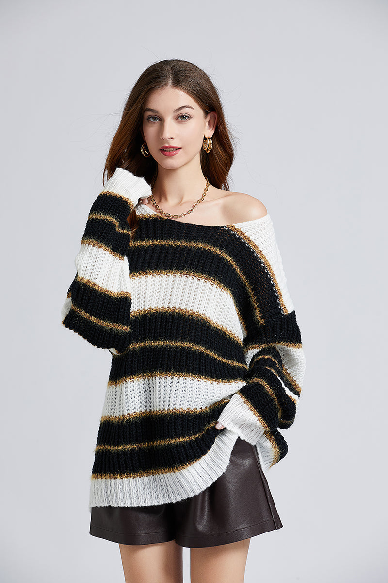 Women New Autumn And Winter Stripes Loose Contrast Pullover Sweater Soft Waxy Mohair Sweater