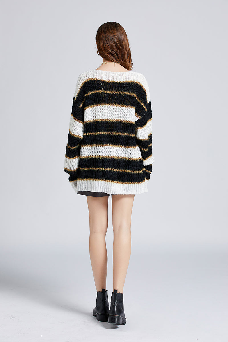 Women New Autumn And Winter Stripes Loose Contrast Pullover Sweater Soft Waxy Mohair Sweater