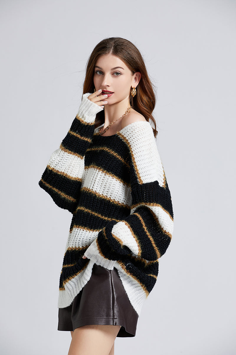 Women New Autumn And Winter Stripes Loose Contrast Pullover Sweater Soft Waxy Mohair Sweater