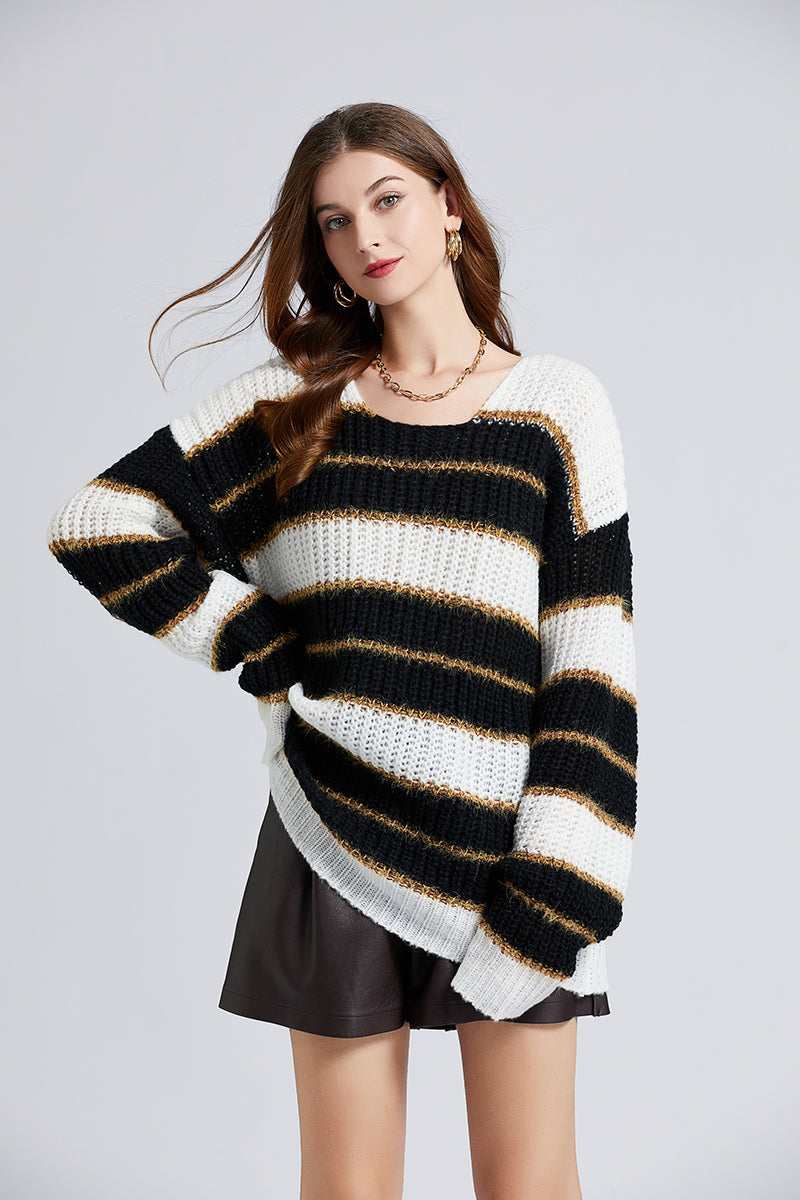 Women New Autumn And Winter Stripes Loose Contrast Pullover Sweater Soft Waxy Mohair Sweater One Size Black