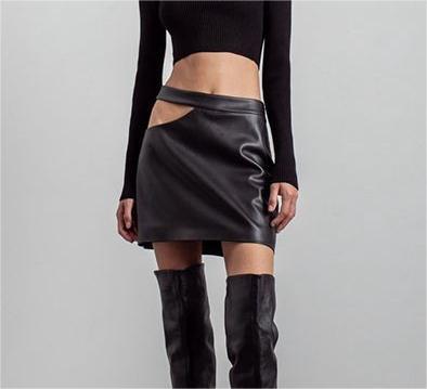 Women Clothing Autumn Winter Hollowed out High Waist Faux Leather Sheath Women