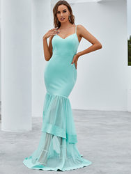 Women V Neck Sleeveless Formal Elegant Lace Slim Bodycon Cami Maxi Tiered Dress Light Blue