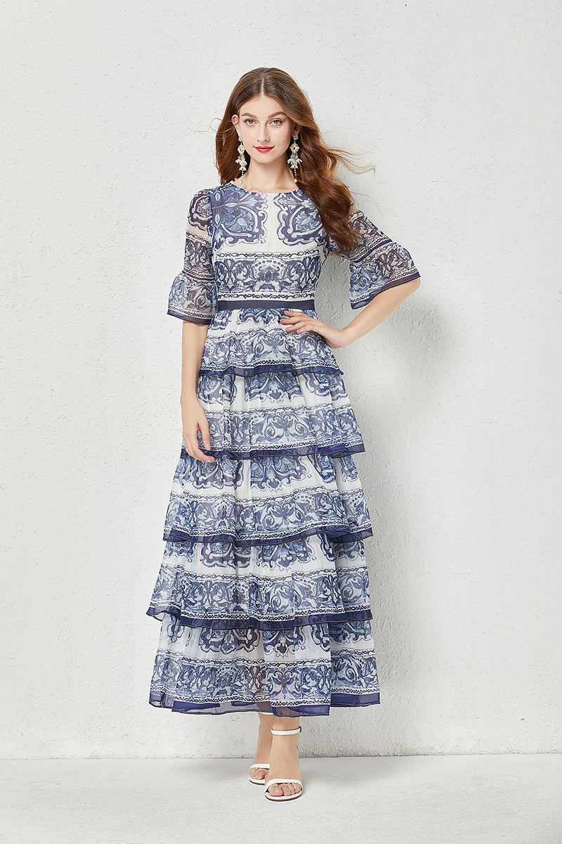 Women Summer High End Blue And White Porcelain Printed Flared Sleeve Cake Dress Silk Large Pendulum Dress