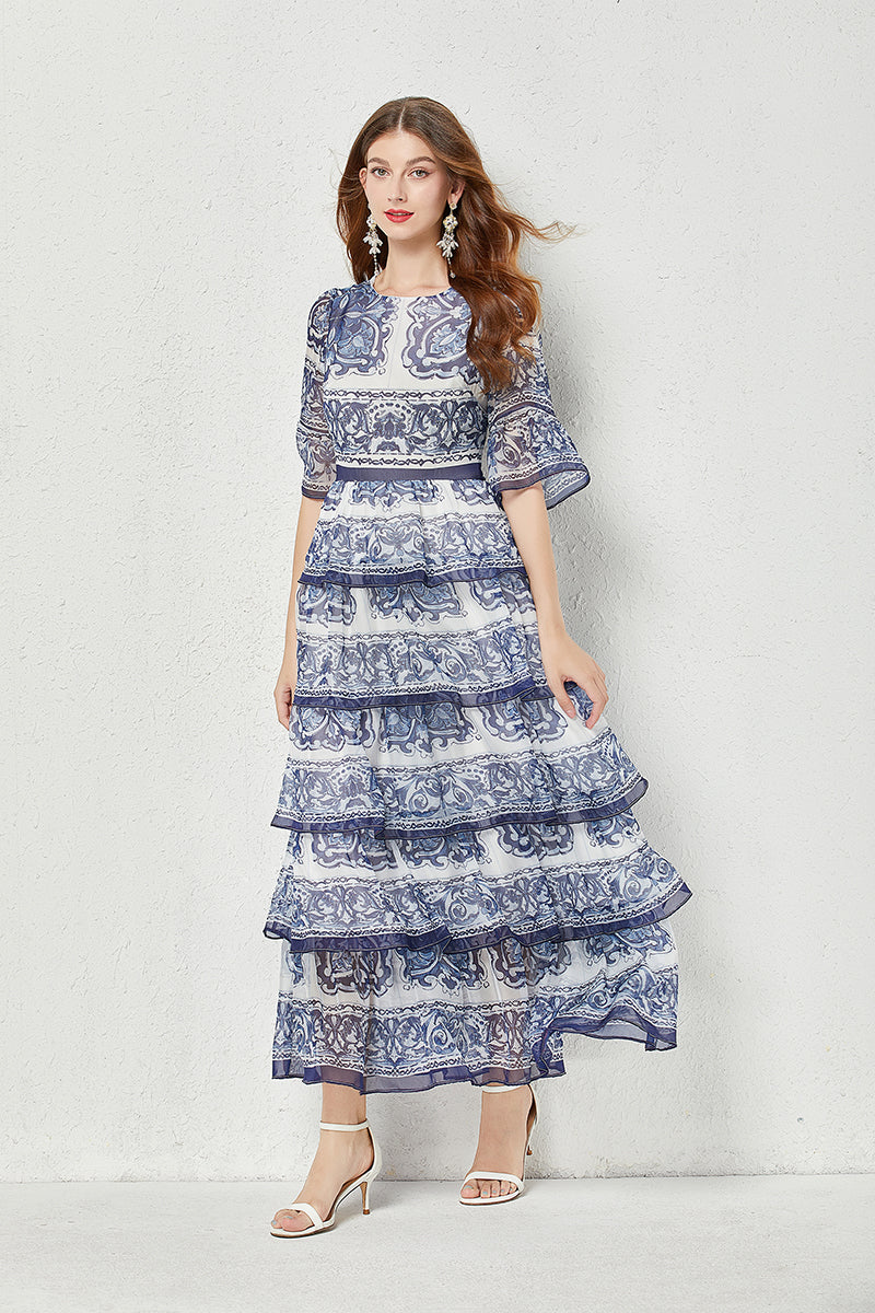 Women Summer High End Blue And White Porcelain Printed Flared Sleeve Cake Dress Silk Large Pendulum Dress