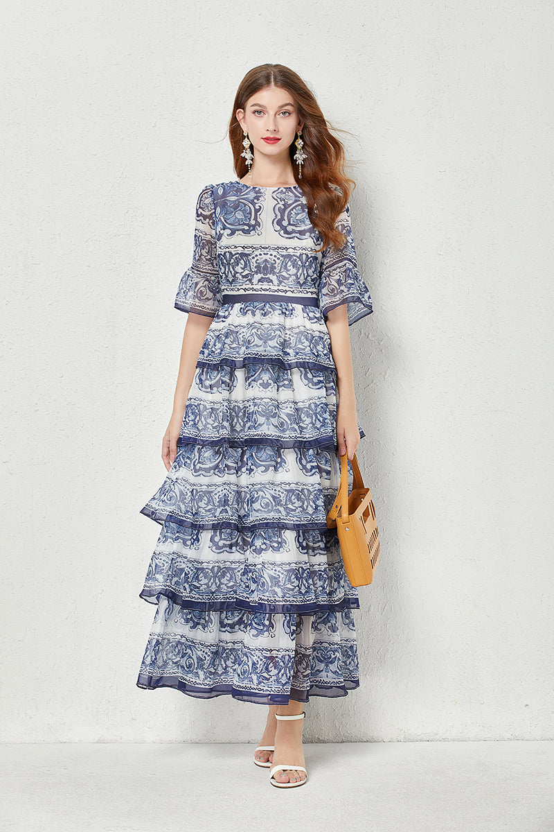 Women Summer High End Blue And White Porcelain Printed Flared Sleeve Cake Dress Silk Large Pendulum Dress Blue