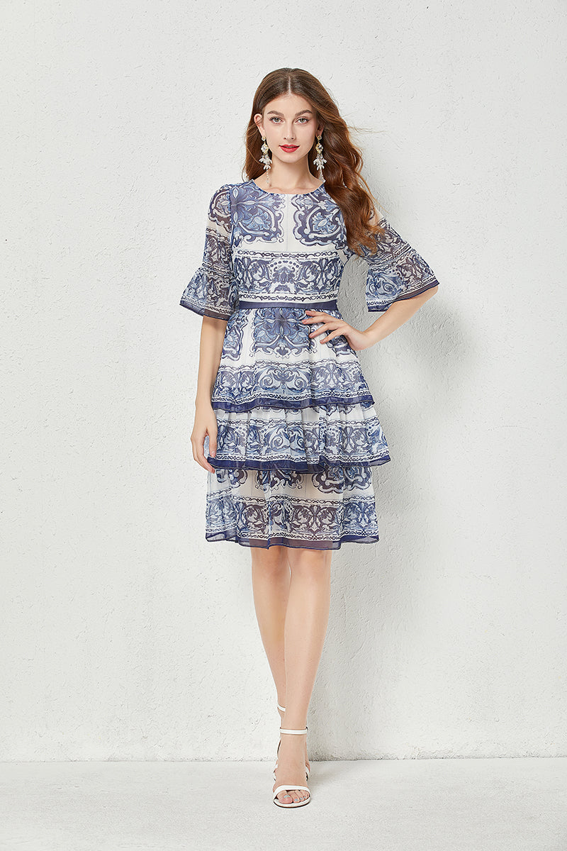 Women Summer High End Blue And White Porcelain Printed Horn Sleeve 3 Layer Cake Dress Silk Large Pendulum Dress