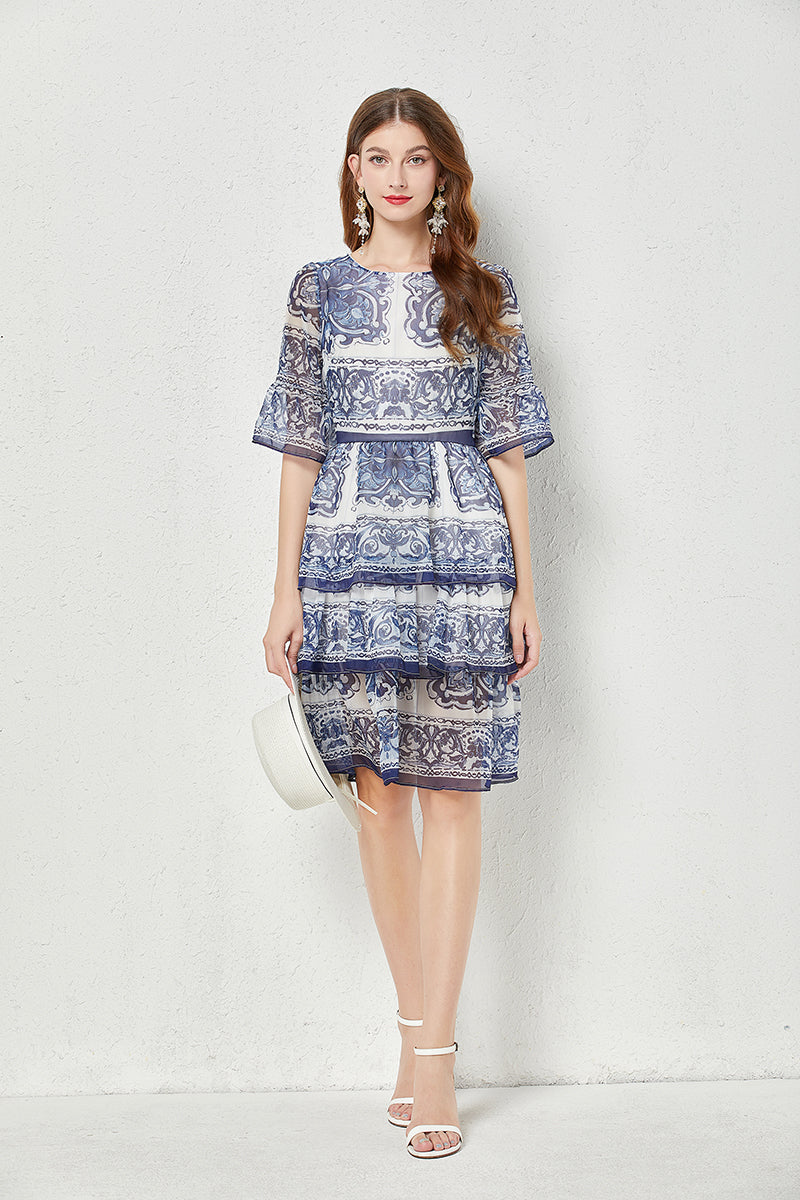 Women Summer High End Blue And White Porcelain Printed Horn Sleeve 3 Layer Cake Dress Silk Large Pendulum Dress Blue