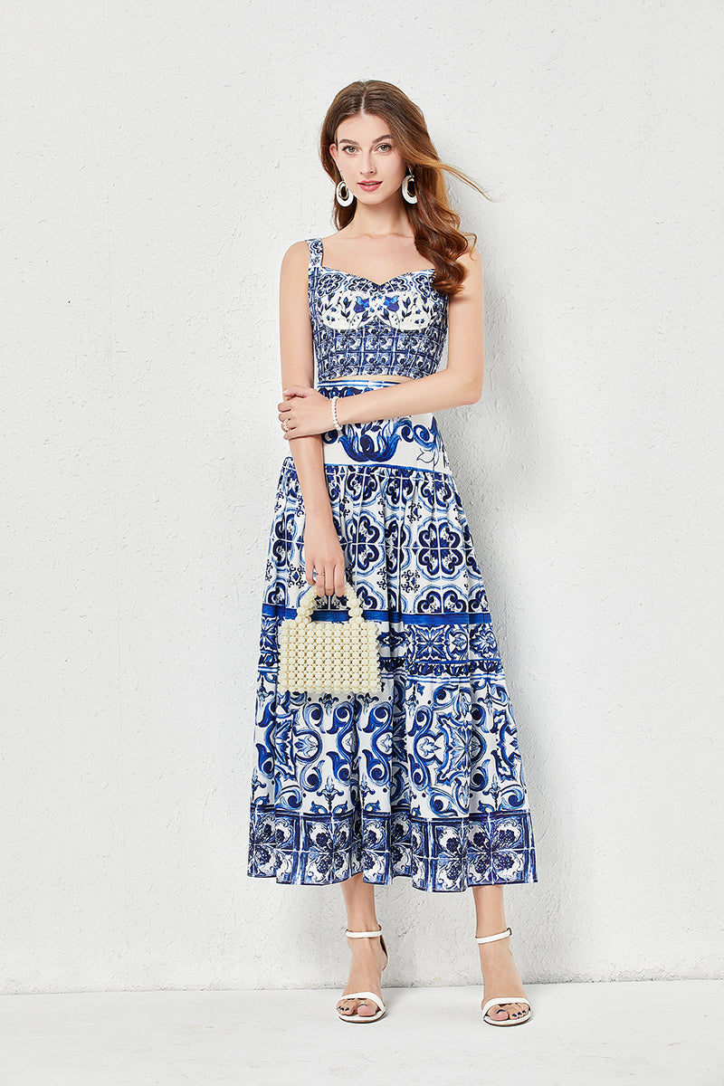 Women Summer Blue And White Porcelain Printing Stitching Three-Dimensional Strapless Skirt Two Piece Set With Chest Pad