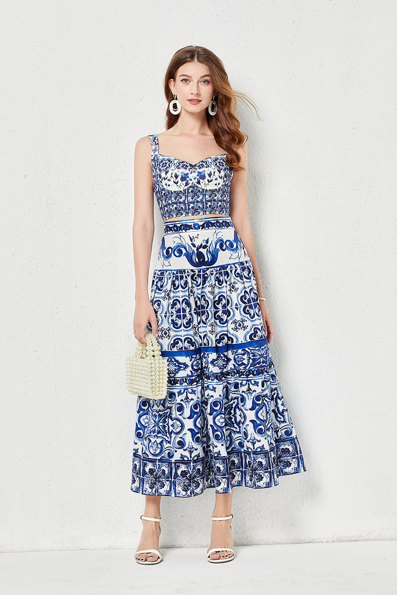 Women Summer Blue And White Porcelain Printing Stitching Three-Dimensional Strapless Skirt Two Piece Set With Chest Pad