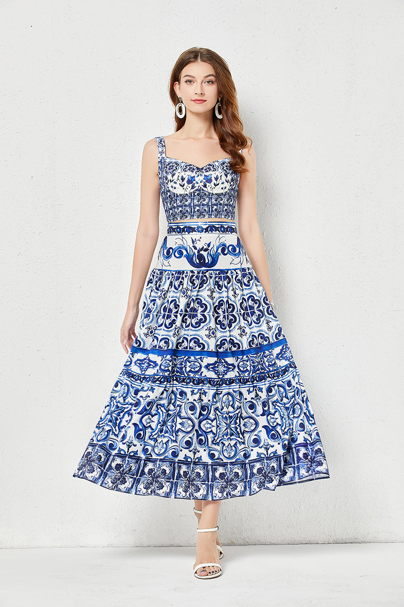 Women Summer Blue And White Porcelain Printing Stitching Three-Dimensional Strapless Skirt Two Piece Set With Chest Pad