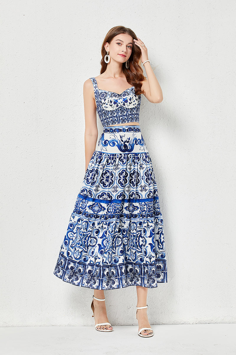 Women Summer Blue And White Porcelain Printing Stitching Three-Dimensional Strapless Skirt Two Piece Set With Chest Pad