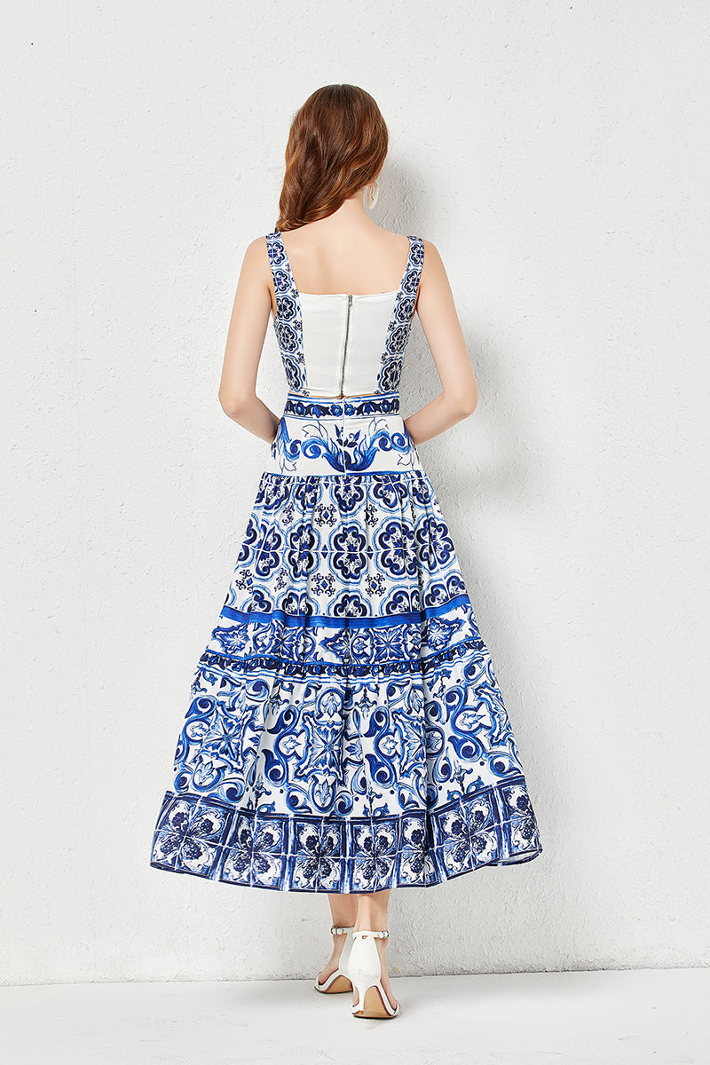 Women Summer Blue And White Porcelain Printing Stitching Three-Dimensional Strapless Skirt Two Piece Set With Chest Pad