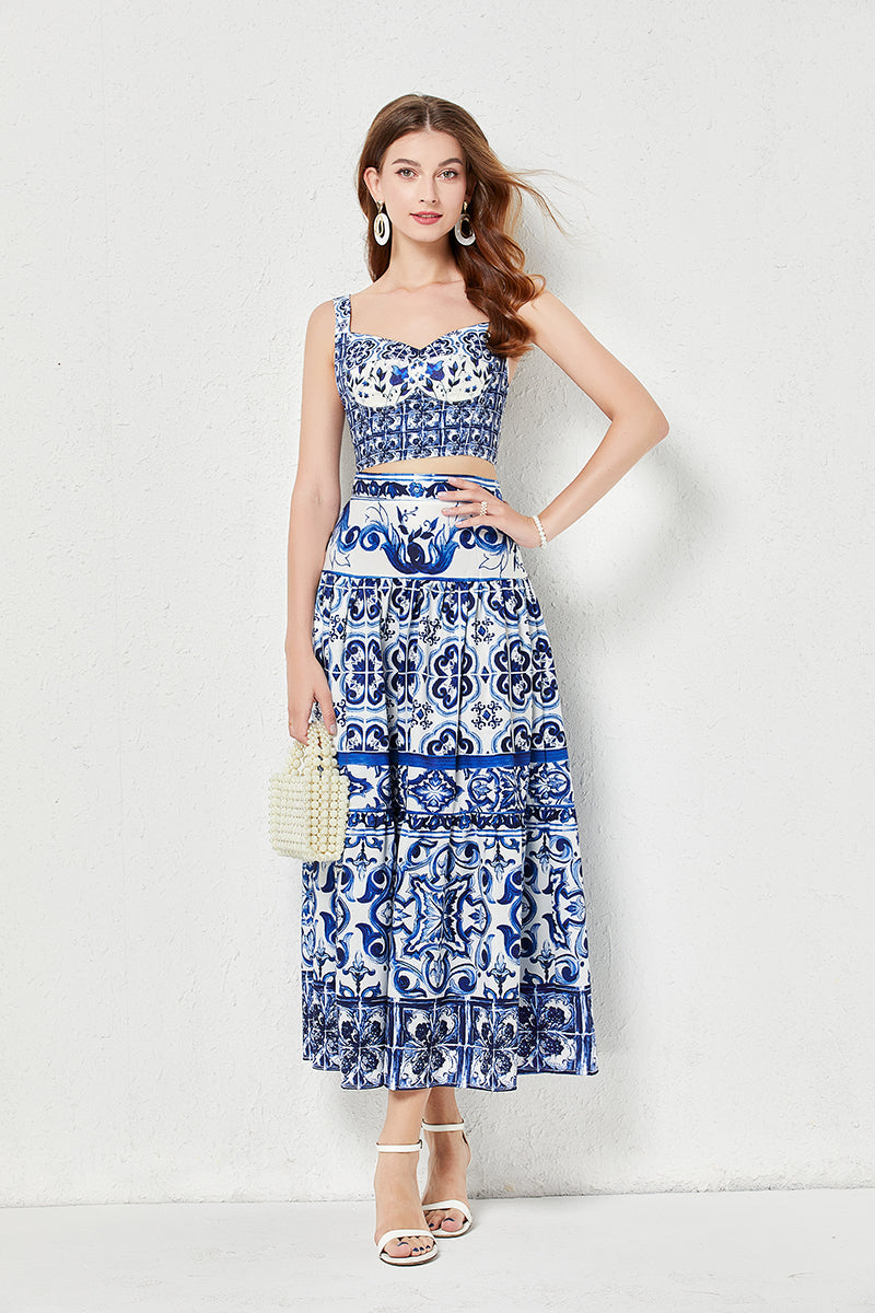 Women Summer Blue And White Porcelain Printing Stitching Three-Dimensional Strapless Skirt Two Piece Set With Chest Pad Blue