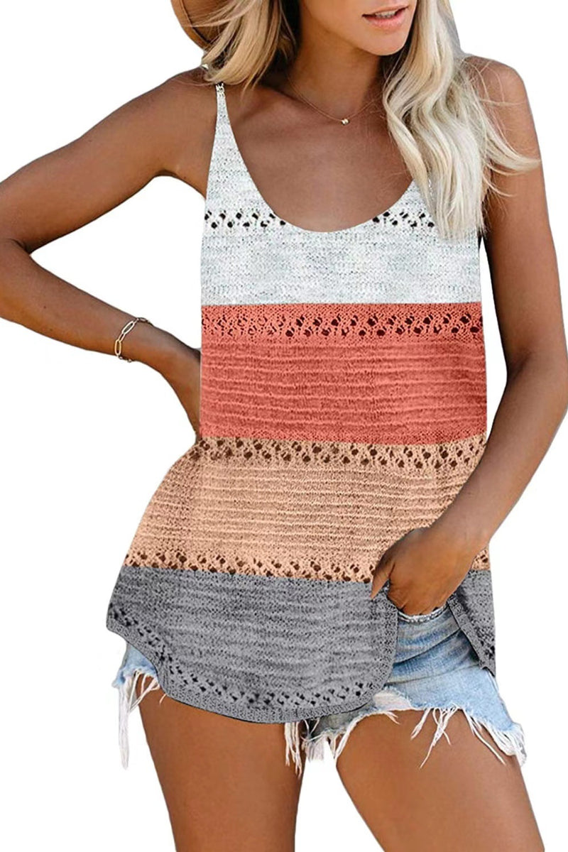 V  Neck Sleeveless  Hollow Out Color Stripes Knit Vest（2 Colors）