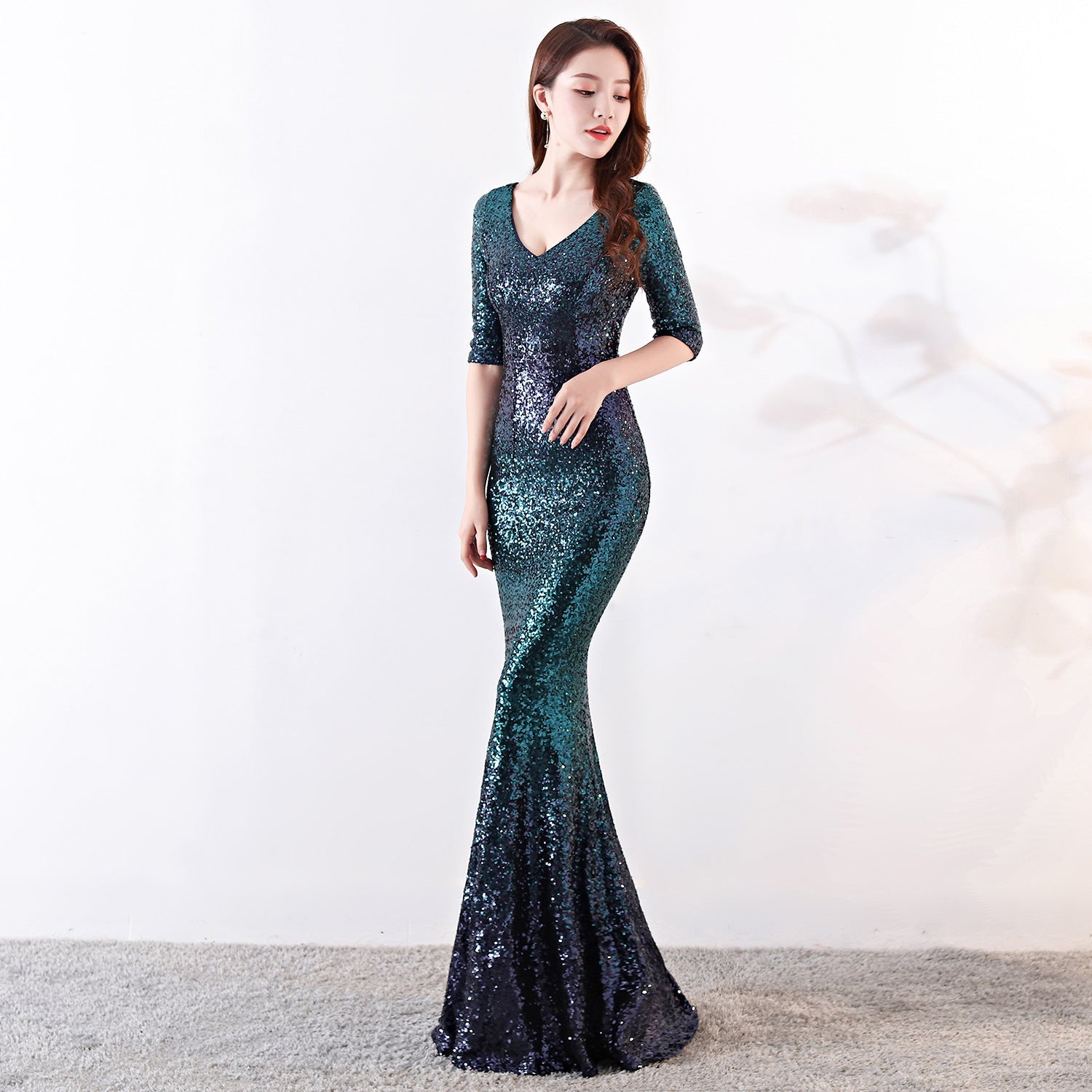 Women Cocktail Elegant Long Host Slim Dress Sexy Fishtail Sequ Dark blue green