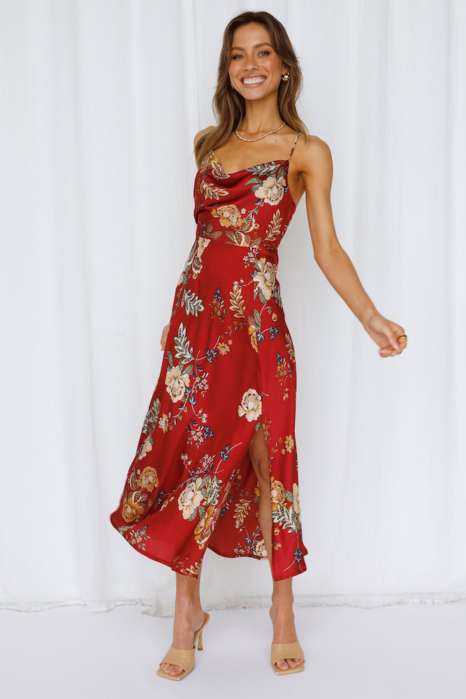 Women Summer Vacation Floral Cami Maxi A Line Dress Burgundy