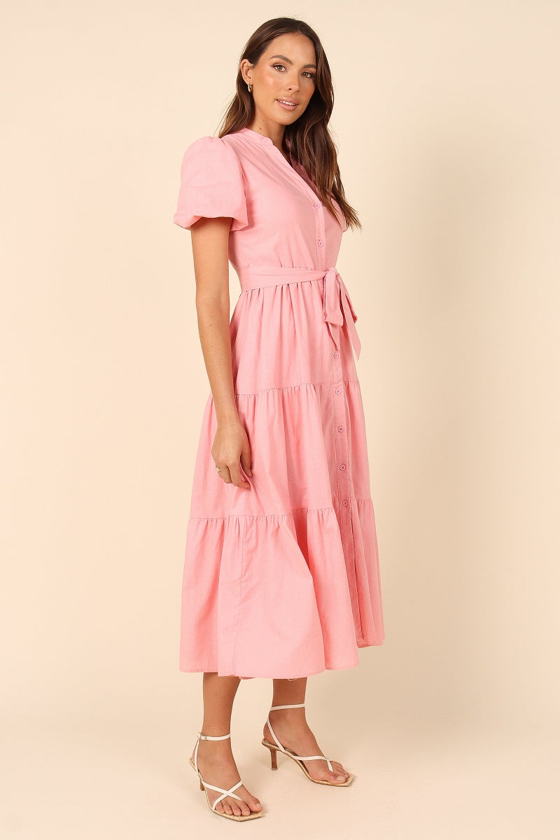 Women Puff Sleeve Cotton Short Sleeved Belt Dress