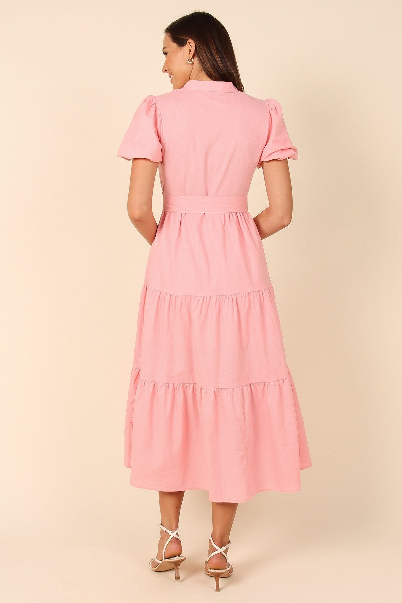 Women Puff Sleeve Cotton Short Sleeved Belt Dress