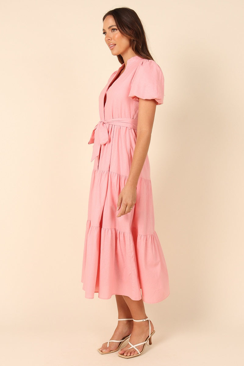 Women Puff Sleeve Cotton Short Sleeved Belt Dress