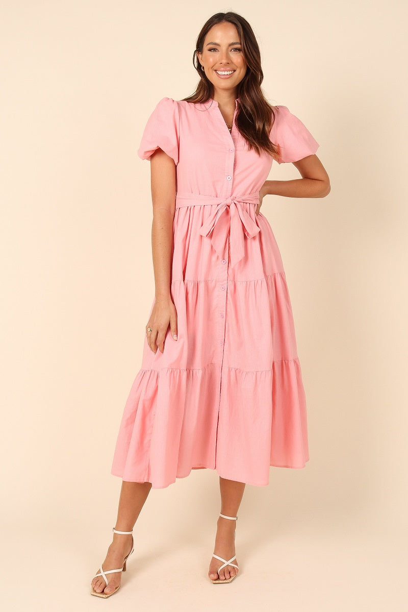 Women Puff Sleeve Cotton Short Sleeved Belt Dress