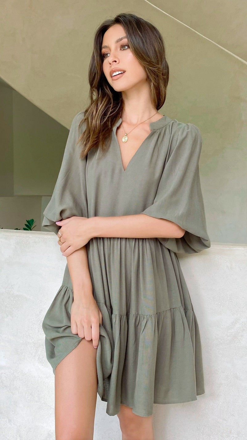 Women Solid Color Cotton Lantern Sleeve Mid Sleeve Dress