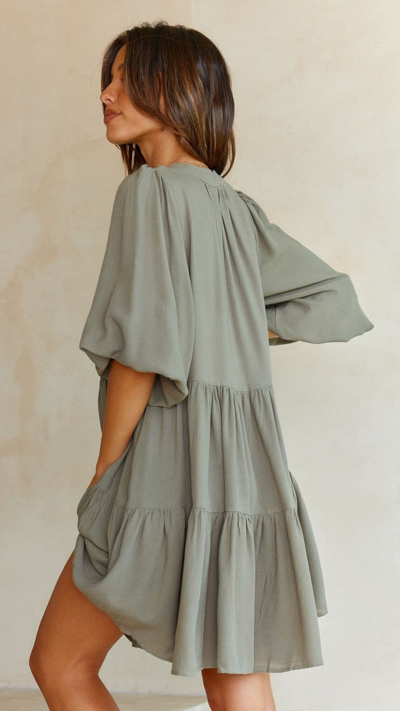 Women Solid Color Cotton Lantern Sleeve Mid Sleeve Dress