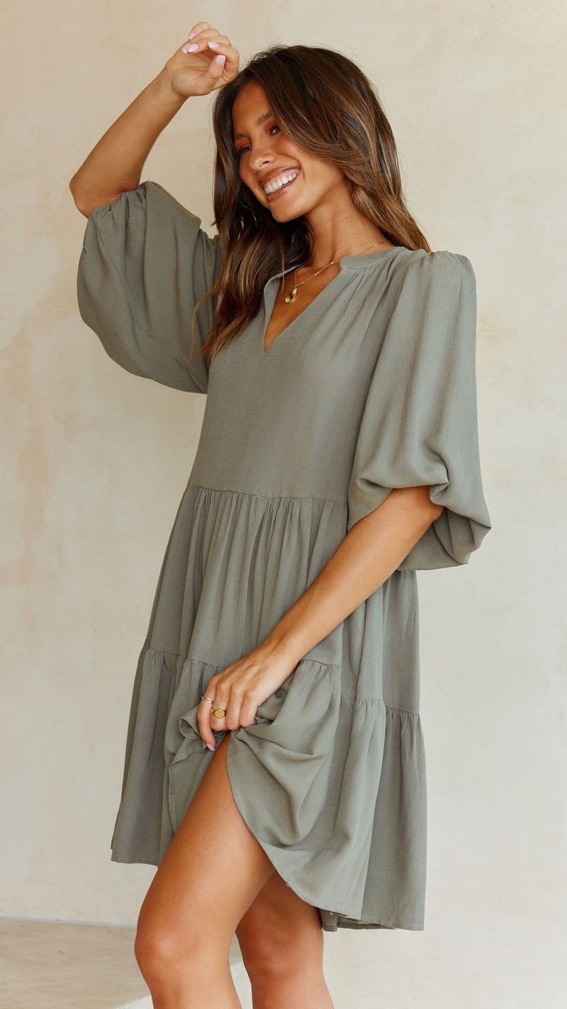 Women Solid Color Cotton Lantern Sleeve Mid Sleeve Dress