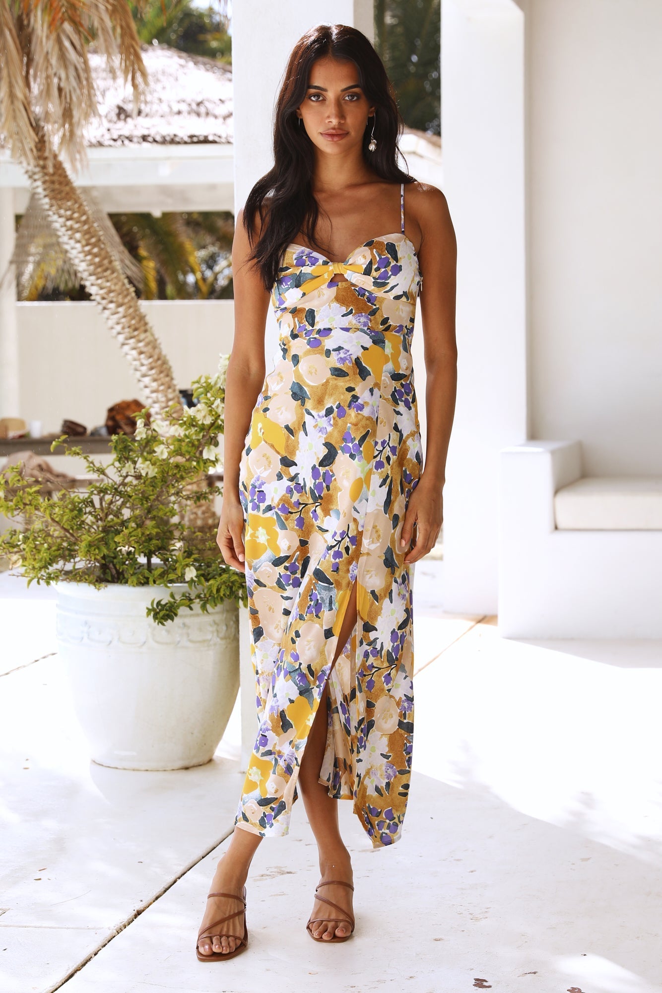 Women Summer Vacation Floral V Neck Cami Maxi High Split A Line Dress Multi-1