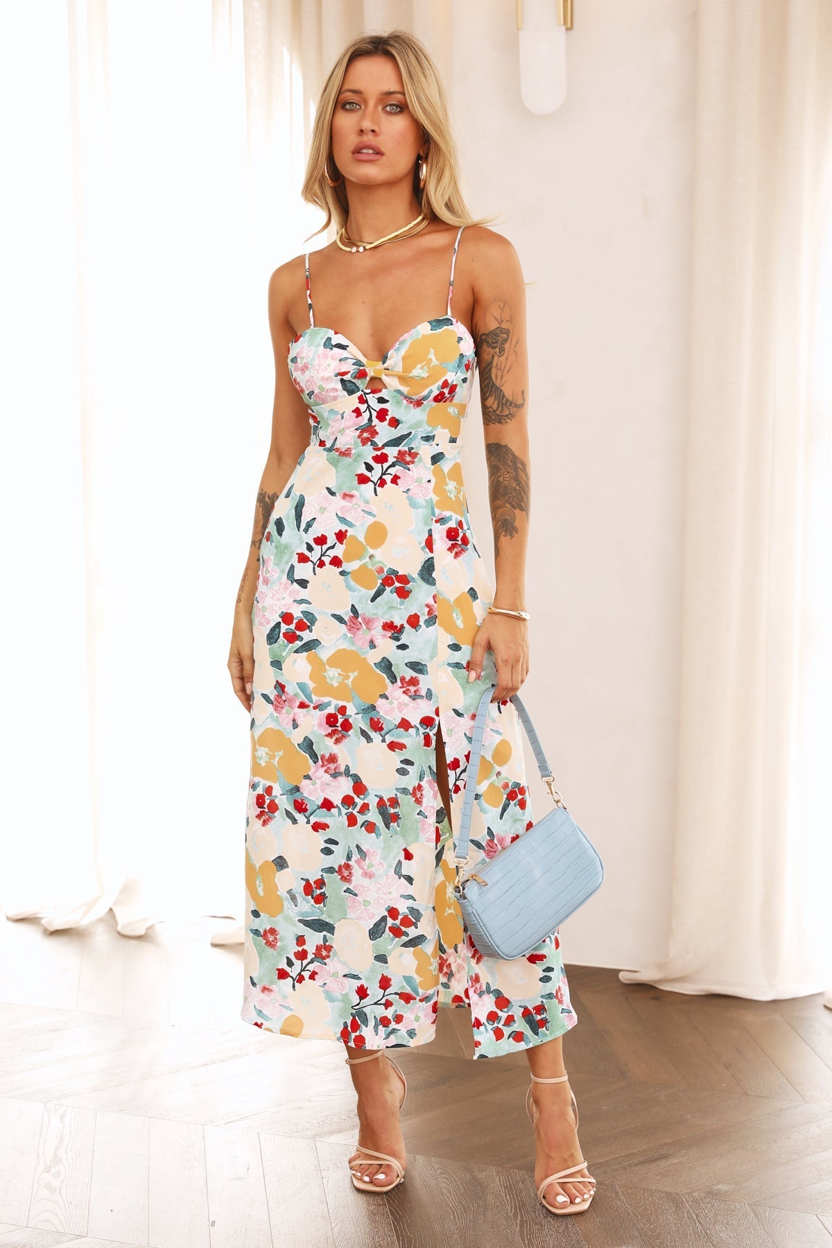 Women Summer Vacation Floral V Neck Cami Maxi High Split A Line Dress Multi-2