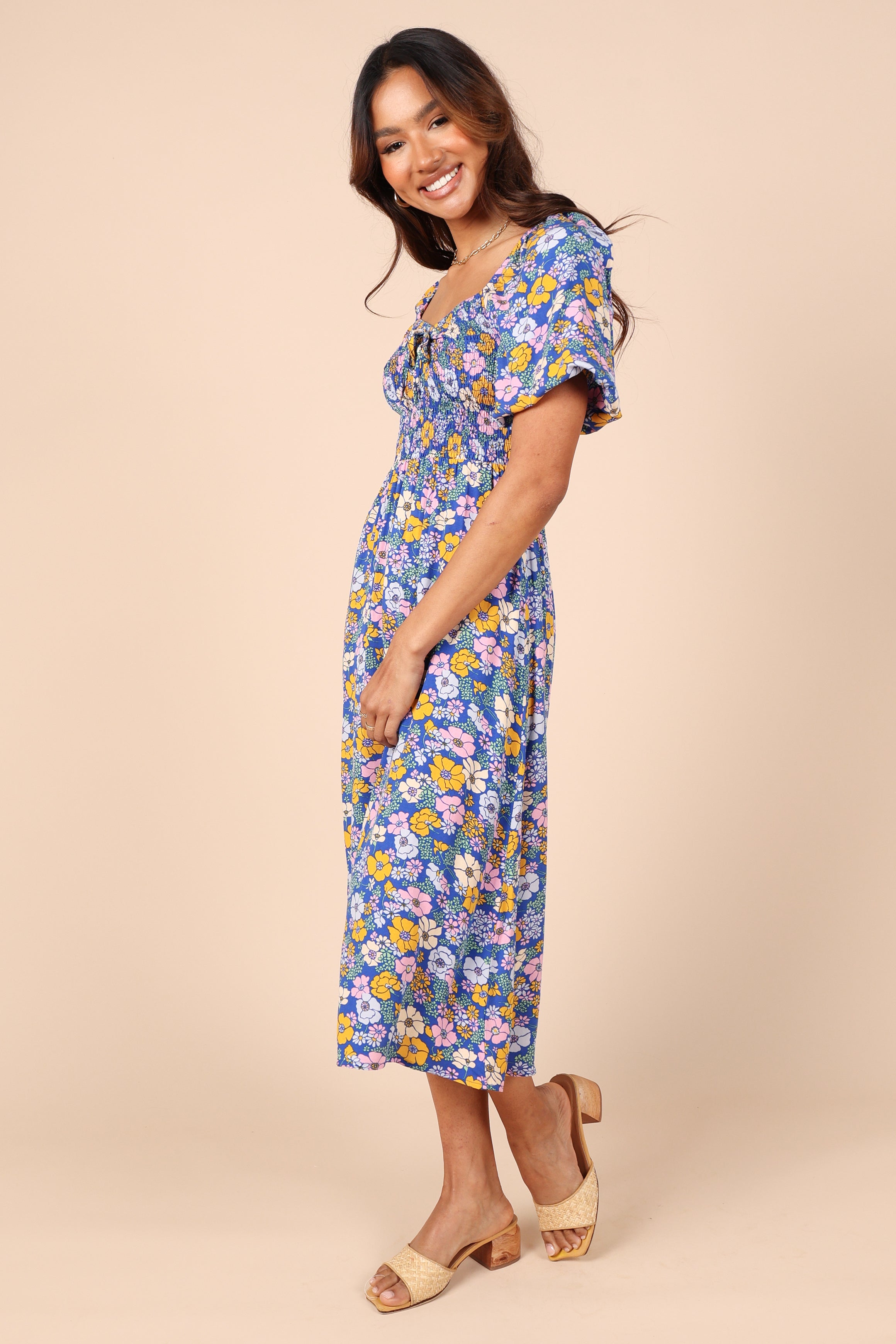 Women Summer Vacation Floral V Neck Tie Smocked Maxi A Line Dress