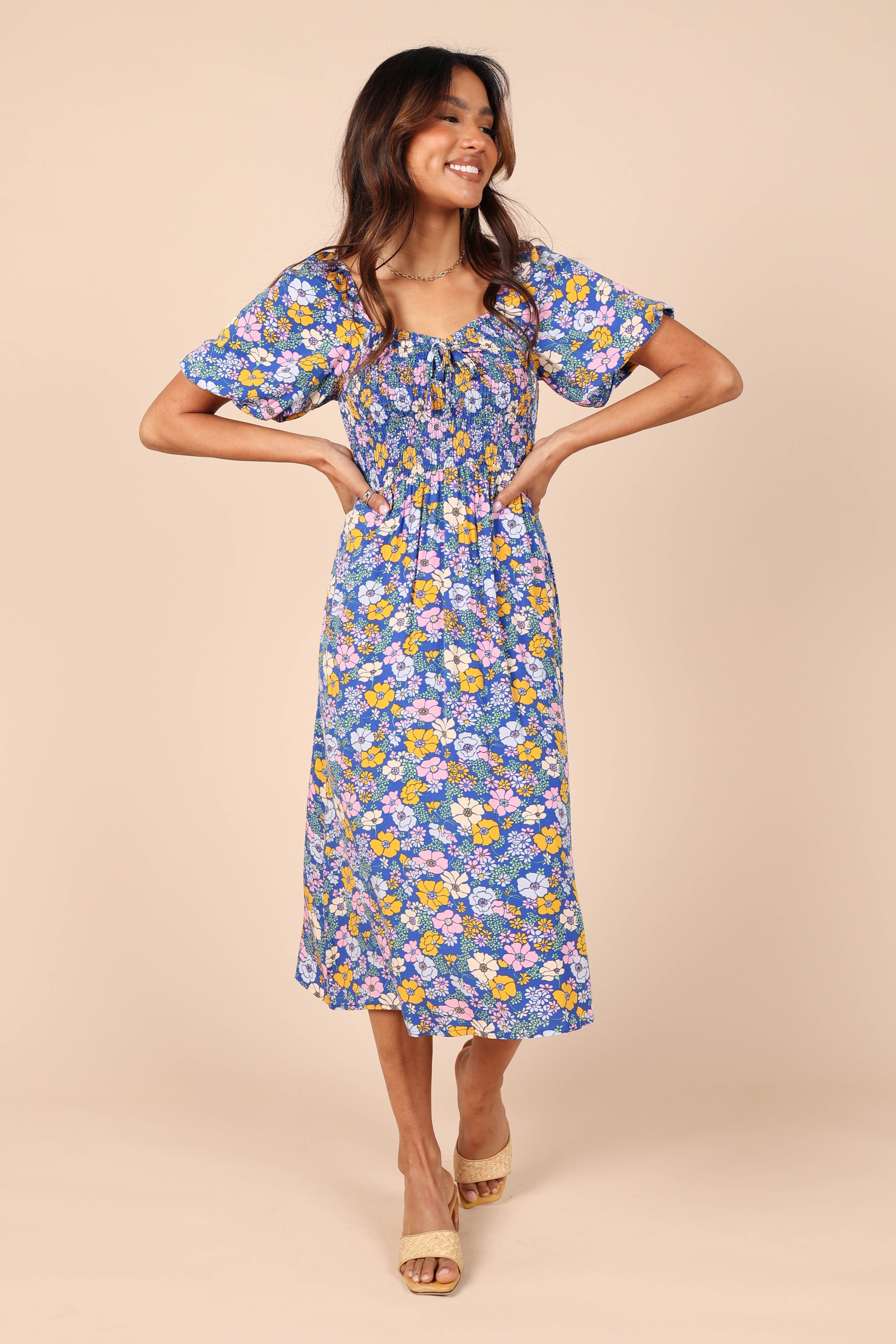 Women Summer Vacation Floral V Neck Tie Smocked Maxi A Line Dress