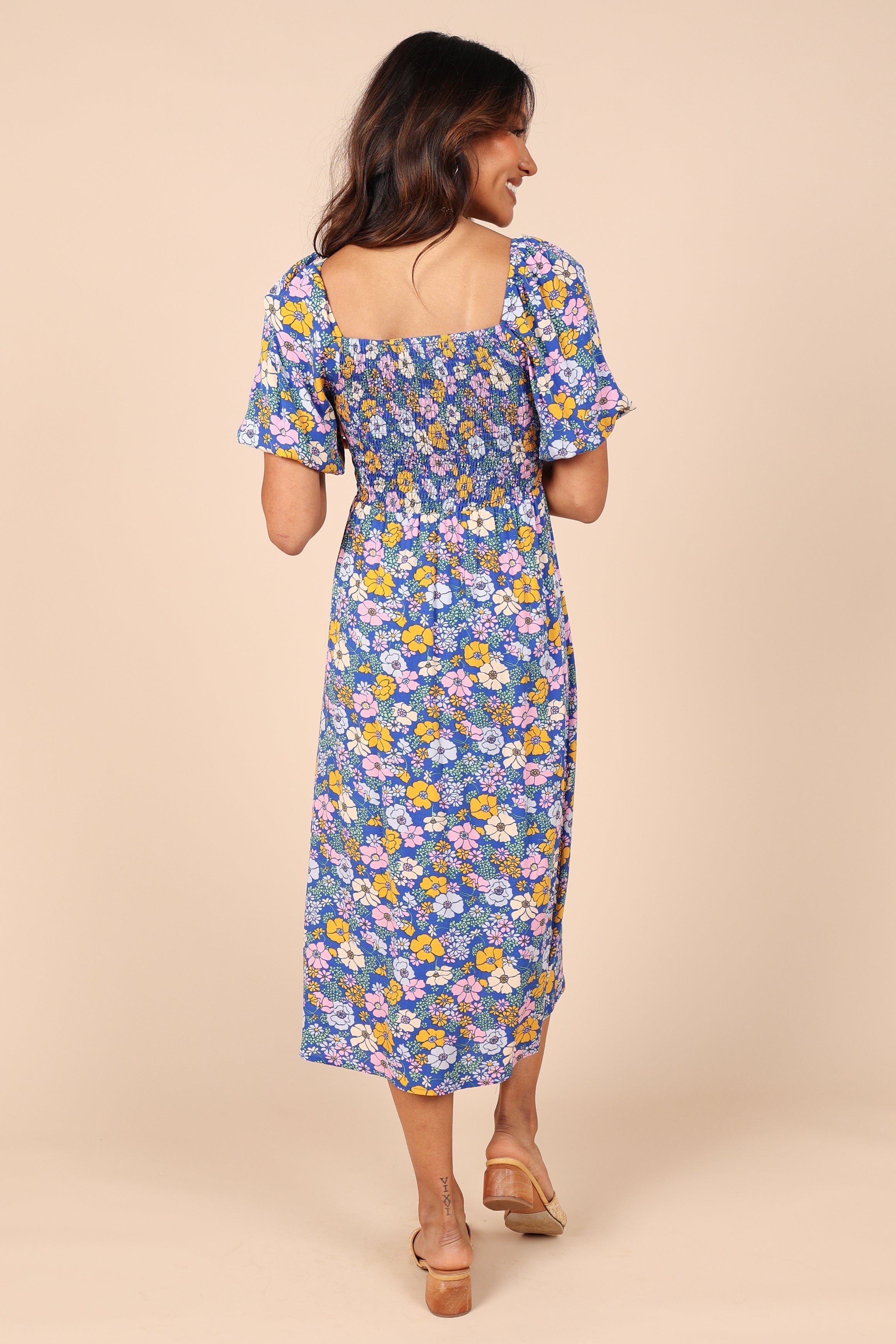 Women Summer Vacation Floral V Neck Tie Smocked Maxi A Line Dress