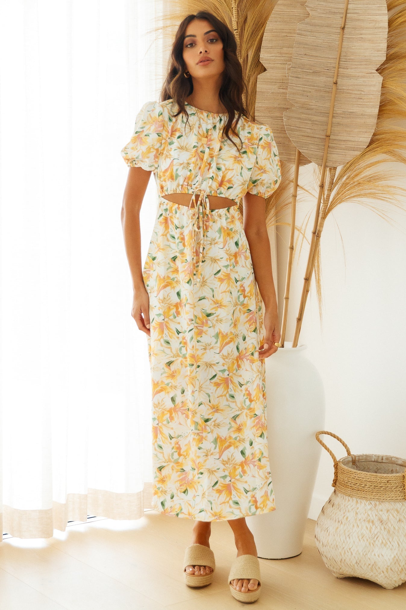 Women Waist Revealing Long Dress Printed Short Sleeve Puff Sleeve Dress