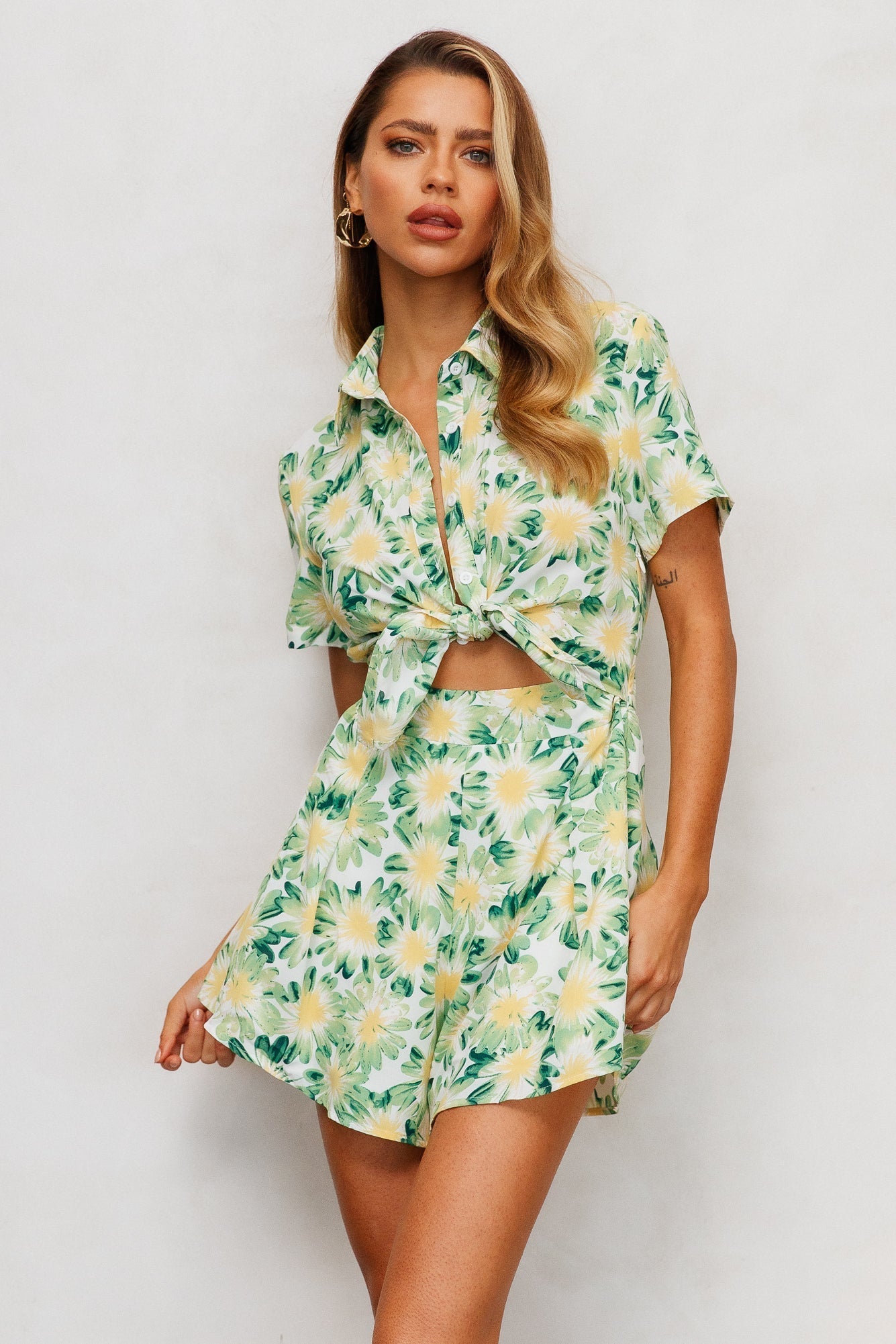 Women Summer Vacation Floral Short Sleeve Tie Rompers Green