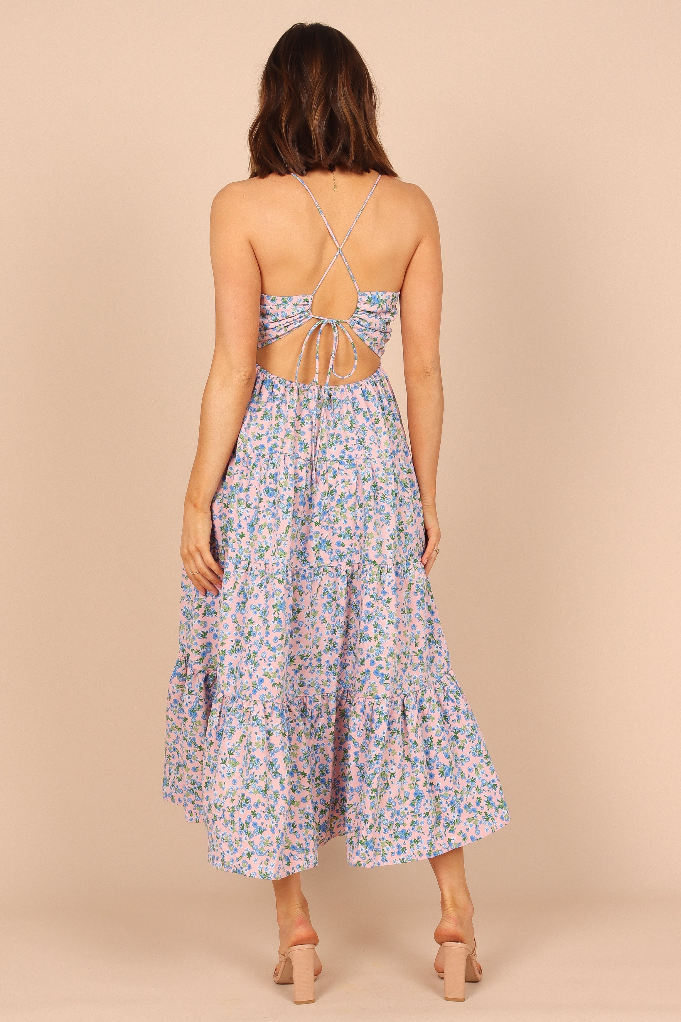 Women Summer Vacation Sleeveless Floral Cutout Tie Cami Maxi Dress