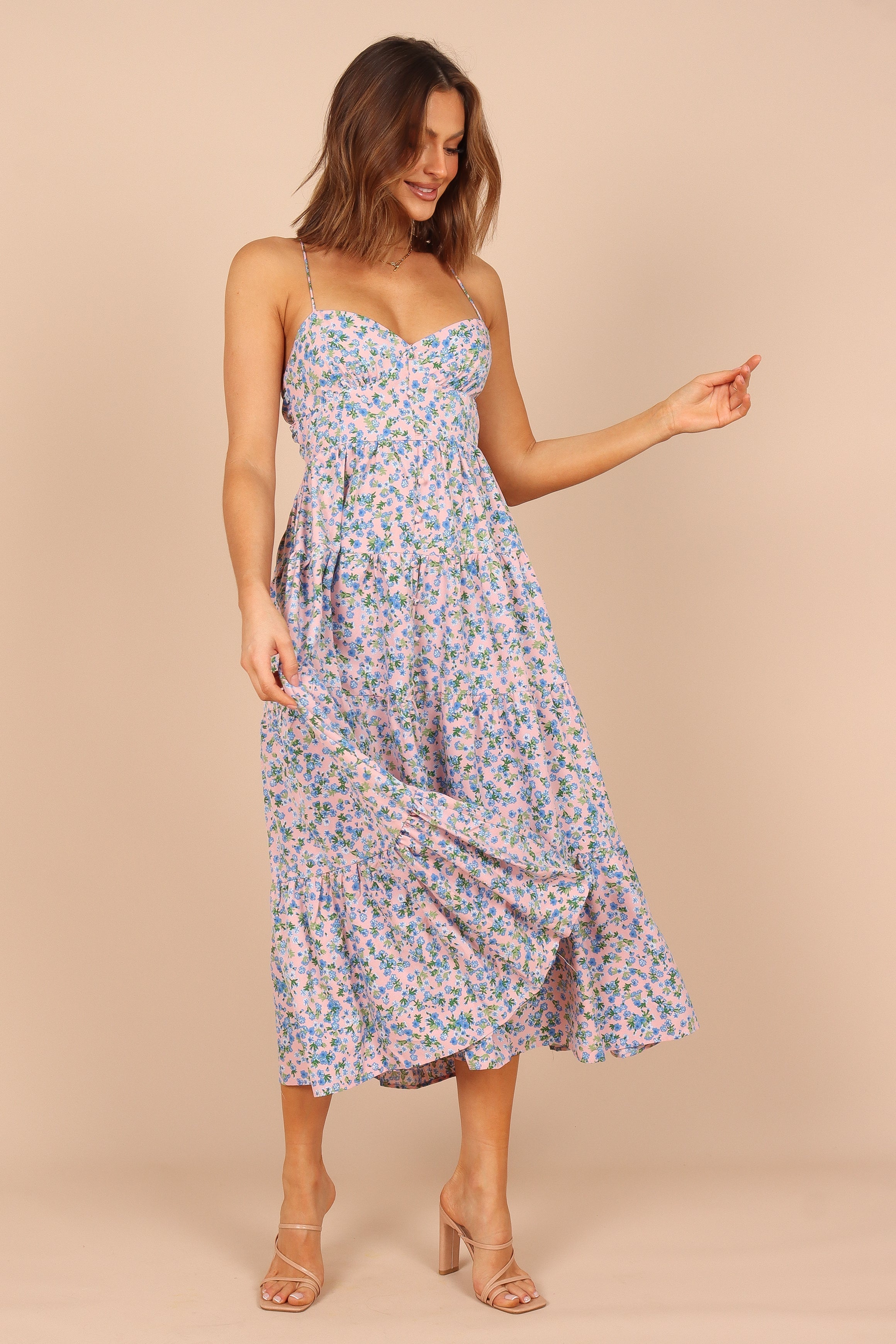 Women Summer Vacation Sleeveless Floral Cutout Tie Cami Maxi Dress