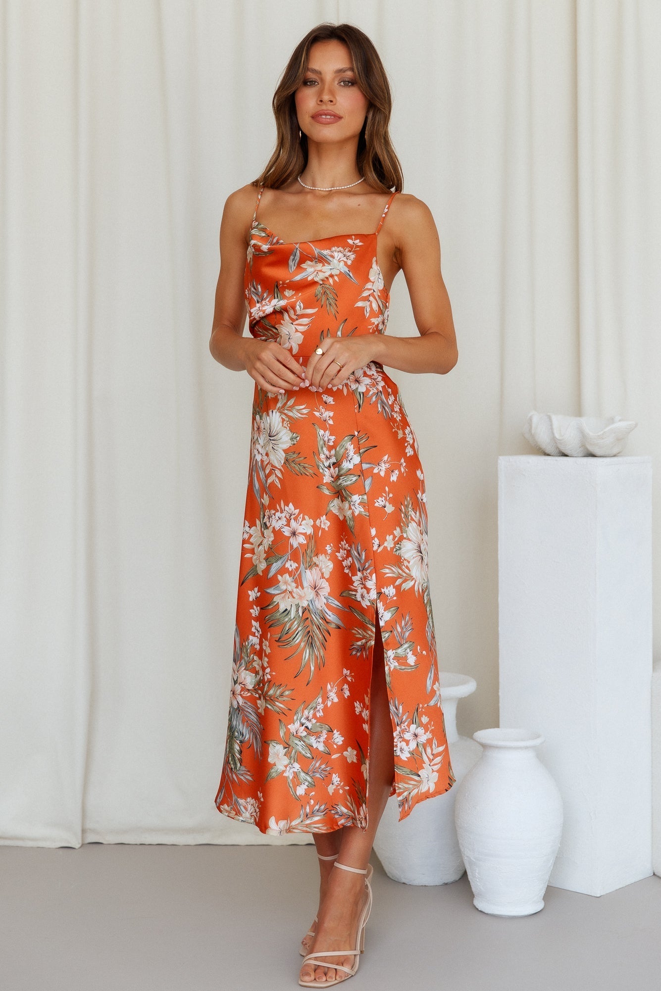 Women Summer Vacation Sleeveless Floral High Split Cami Maxi Dress Orange