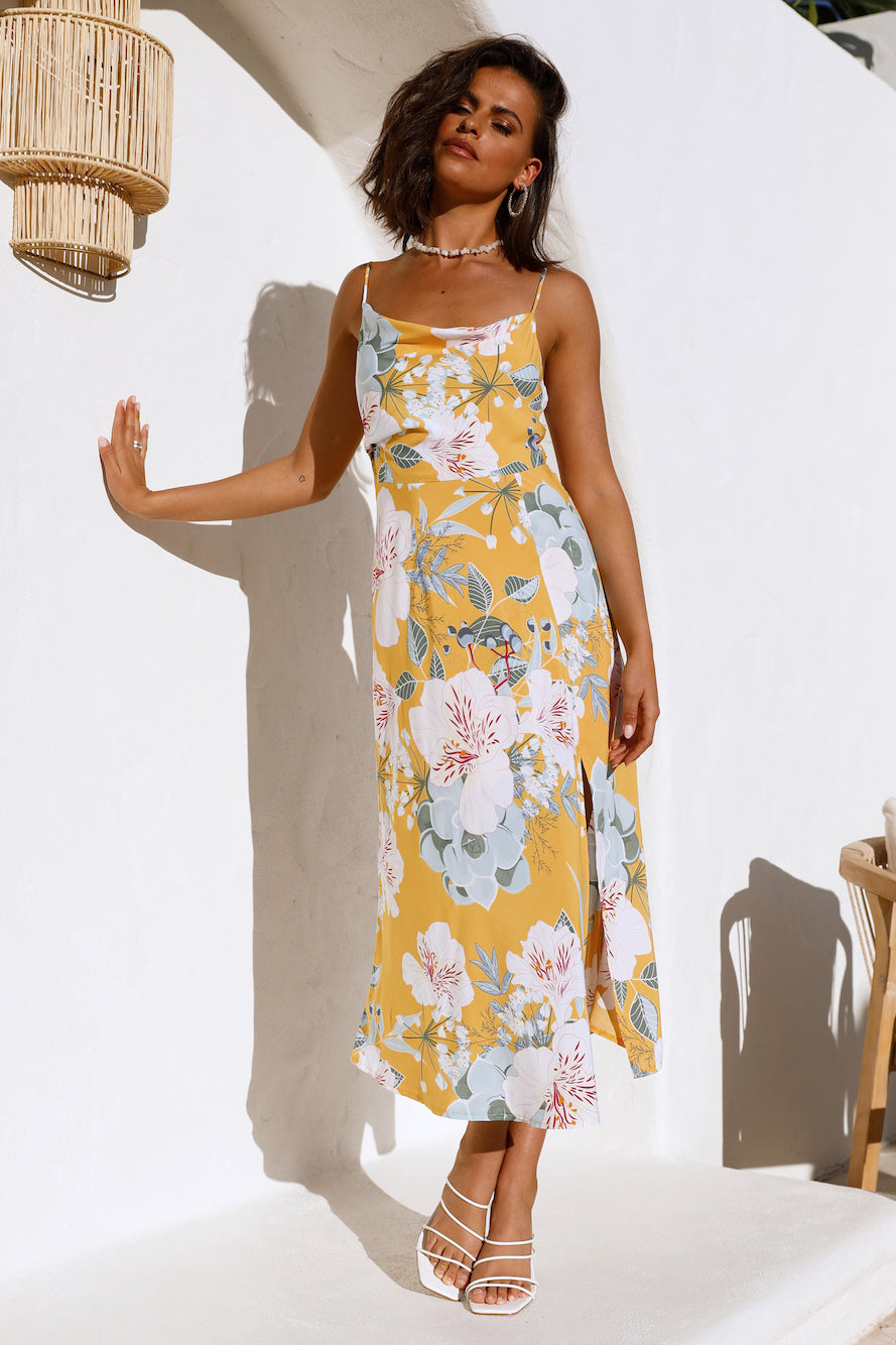 Women Summer Vacation Square Neck Sleeveless Floral High Split Cami Maxi Dress Multi-1