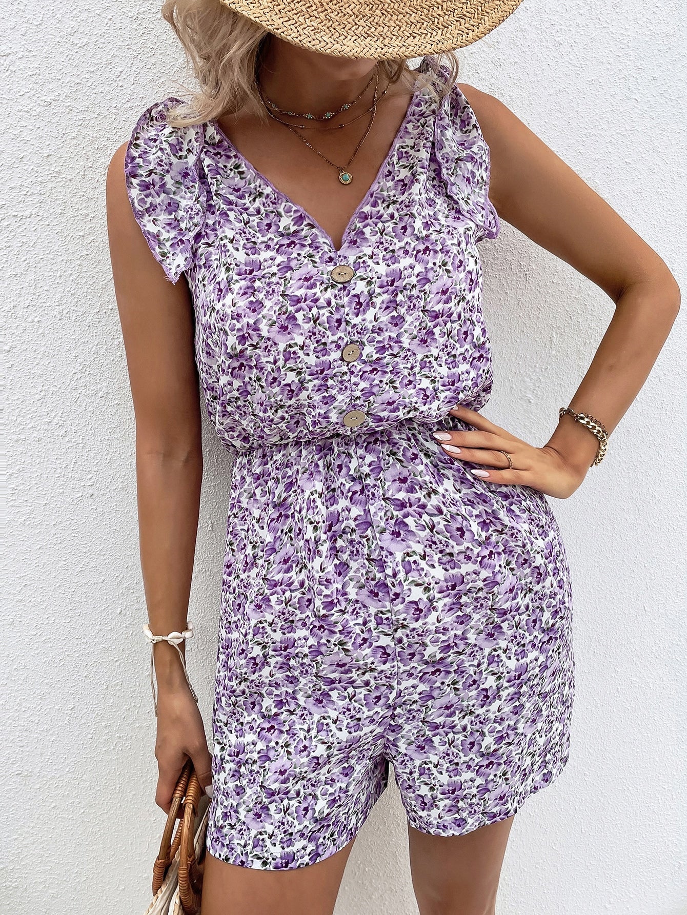 Women Summer Ruffled Button V Neck Rompers