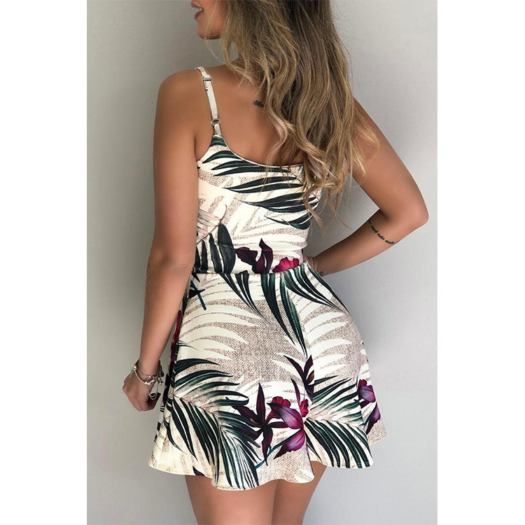 Women Clothing Summer Floral Spaghetti Strap High Waist Short Flared Jumpsuit