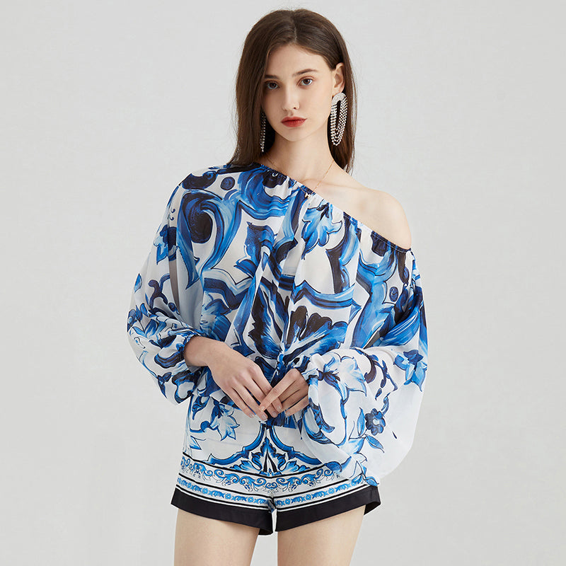 Women Spring and Summer Elegant Socialite Off shoulder Long sleeved Top High Waist Printed Shorts Printed Two piece Set