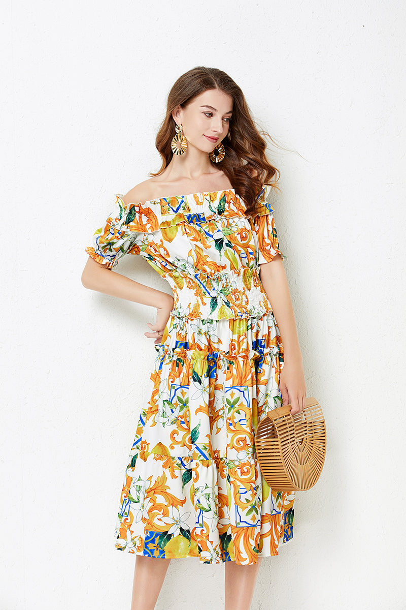 Women Spring and Summer Sexy off shoulder Collar Short sleeved Ruffled Dress